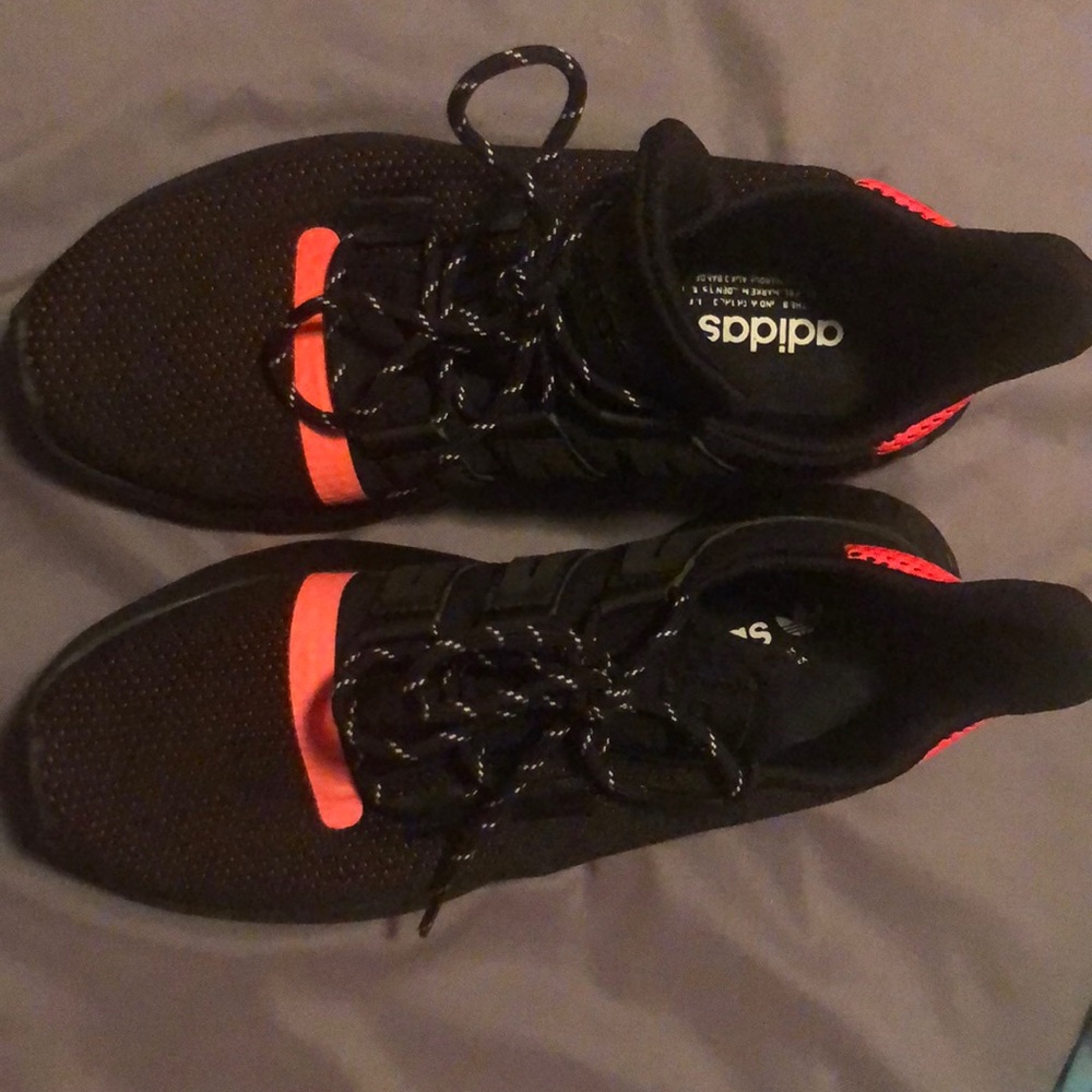 Black and peach adidas, size US 8.5